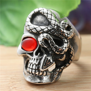 Anillo de Calavera y Serpiente para Hombre, Acero Inoxidable, Plateado, con Bisel de Ojo Rojo, Joyería Punk, Regalo 27032 - Product Image 1