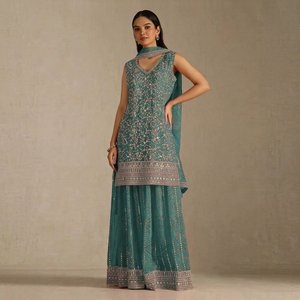 Ensemble Salwar traditionnel brodé bleu sarcelle avec dupatta, coupe ample longue jusqu'au sol, tenue indienne et pakistanaise pour femme - Product Image 1