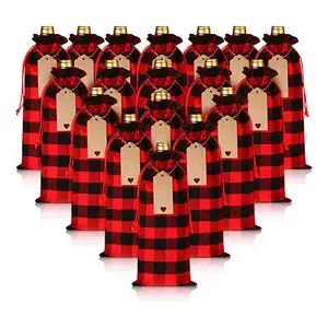 Christmas Wine Bags Buffalo Plaid Wine Bottle Cover Drawstrings Bag With Label Wine Tumbler Pouch For Xmas Party Favor