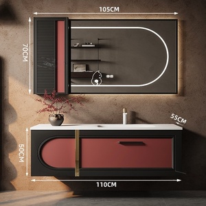 Original French retro rock slab integrated basin <b>oak</b> high-end wall mounted bathroom cabinet - Product Image 5