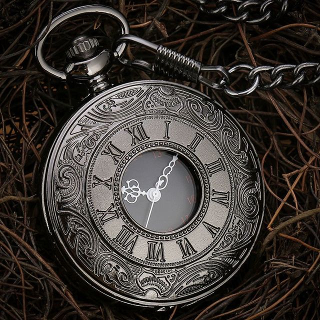 Antique Half Hunter Pocket Watch with Steam Train & Ship Movement Japan Black Silver Gold Quartz Metal Dial Men's Edition