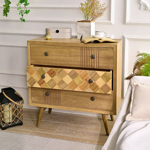 INNOVA Home Accent Living Room Hand Carved 3 Storage Drawer <b>Wooden</b> Farmhouse Hotel Chest Cabinet - Product Image 3