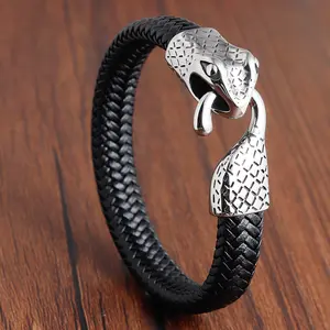 Custom Logo Fine Punk Snake Boa Fashion Handmade Stainless Steel Real Leather Magnetic Braided Bracelet Jewelry For Men