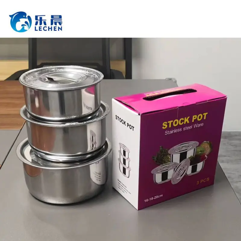 Stainless Steel Cookware Pot Set Stock Pot Cooking Mixing bowl Food Container with Lid 3pcs set 15/17/19 cm