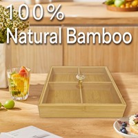 Vierdelige bamboe snackbox met kristallen handvat, transparant deksel en mogelijkheid voor aangepast logo.