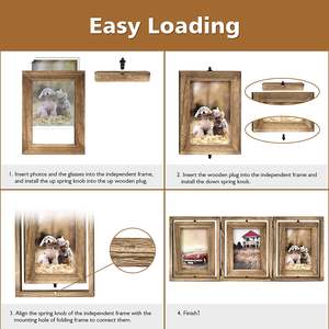 JUNJI 4x6 Rustic Wood Hinged Folding <strong>Triple</strong> Picture Collage Double-Sided Display Rotatable High Definition Glass <strong>Photo</strong> <strong>Frame</strong> - Product Image 6