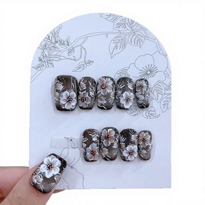 JIAZHIMU - <span class=keywords><strong>Uñas</strong></span> Postizas Acrílicas con Diseño Cuadrado y Flores 3D Hechas a Mano, Color Nuevo, Estilo Francés Almendrado, Cobertura Total - Product Image 1