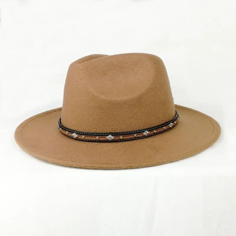 Vintage Western Fedora chapéu acessórios marrom PU couro cinto com rebite e cinto fivela chapéu banda cinto