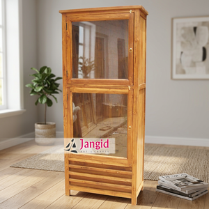 Moderno Armario de Almacenamiento de Madera Maciza de Teca y Vidrio, Librería, Estantería, Vitrina Hecha a Mano, Almirah para Hotel - Product Image 1