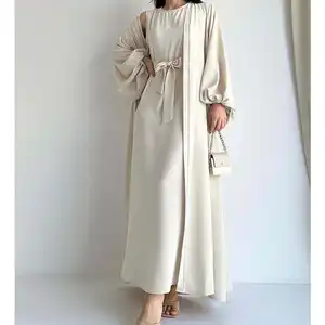 2024 Dubai khiêm tốn hai mảnh abaya thiết lập Muslim abaya kaftan ăn mặc giản dị quần áo hồi giáo dài tay áo Jazz Crepe mở abaya thiết lập