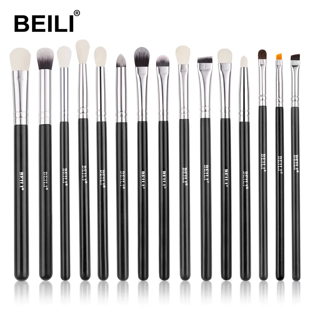 Brush Makeup Set BEILI 15PCS Black EYE Makeup Brushes Natural Goat Pony Hair Eye Shadow Eyeliner Eyebrow Eye Set Brush Make Up Brush Set NO LOGO