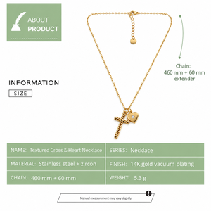 Textured Cross and Heart Pendant Necklace Stainless Steel 14K <b>Gold</b> Vacuum Plated Zircon <b>Gold</b> Silver Color Options - Product Image 4