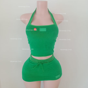 Completo Sportivo Estivo da Donna in Velluto con Logo Personalizzato, Top a Tubino a Righe e Pantaloncini, Set 2 Pezzi - Product Image 6