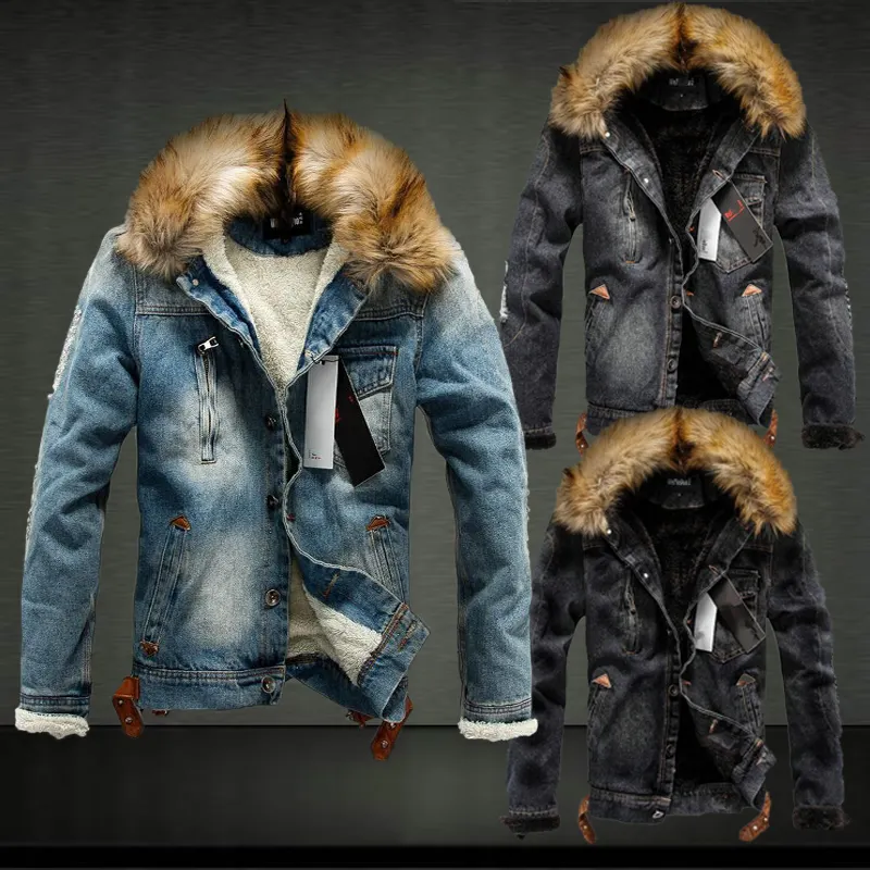 Wholesale warm plus size men's Winter washing blue Thick denim jacket for men Casual Duffle Collar Cashmere men's coats