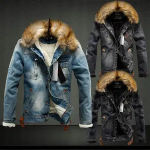 Jaket Denim tebal biru untuk pria, mantel Denim musim dingin, jaket kasmir kerah Duffle kasual, jaket Denim tebal ukuran Plus hangat untuk pria