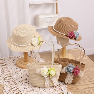 Commercio all'ingrosso alla moda di perle per bambini cappelli di paglia da sole vacanze estive borsa da spiaggia e cappello Set - Product Image 1