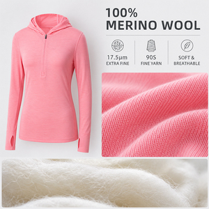 Sudadera con capucha de lana para mujer, de manga larga, con media cremallera, para exteriores, con logotipo personalizado, premium, cálida, suave, transpirable, para senderismo y trekking. - Product Image 2