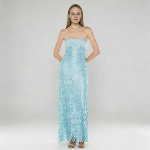 Abito da sera elegante blu senza spalline, lungo fino al pavimento, da donna, per cocktail, feste e balli, con paillettes - Product Image 6