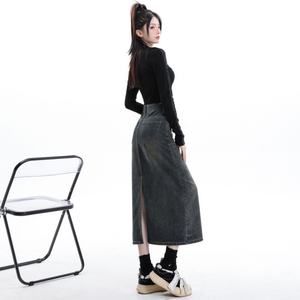 กระโปรงยีนส์ยาวสไตล์เกาหลี กระโปรงเดนิมมิดิสำหรับผู้หญิง สไตล์ลำลอง วินเทจ สีน้ำเงิน ความยาวระดับเข่า - Product Image 2