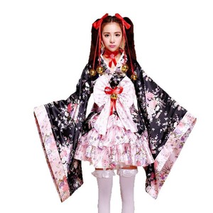 Cosplay Kimono Maid Outfit Red Pink Floral Lolita Princess Dress Anime Costume Full Set Summer 2022 - Product Image 4