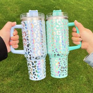40Oz Vacuum Insulated Leopard Tumbler Mugs With Lid Straws and Handle <b>Vinyl</b> <b>Wrap</b> Decal for Outdoor Camping - Product Image 4