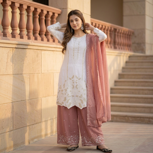 Top de georgette sintético con bordado de diseñador, lentejuelas y perlas, con pantalón y dupatta, completamente cosido, listo para usar. - Product Image 1