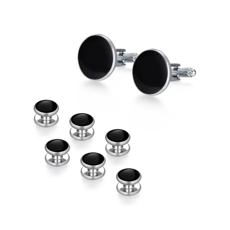 Ready to Ship High Quality Oil Drop Men Cufflinks and Studs 8pcs Set Round and Black Cufflinks and Studs for Tuxedo Shirt