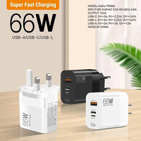 Cargador USB Rápido de 66W con Enchufe EU/US/UK, Adaptador de Pared con Salida PD de 20W para Teléfono Móvil y Portátil