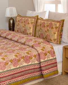 Pink Mustard Floral Cotton Quilt Sage <b>Green</b> Border Reversible Handmade Indian <b>Bedspread</b> Boho Botanical Bedding - Product Image 6