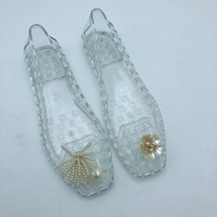 Sandales plates basses pour femmes, escarpins à bout carré, printemps/été, blanches, ornées de perles de riz, à bout fermé, chaussures en cristal, rétro, imperméables
