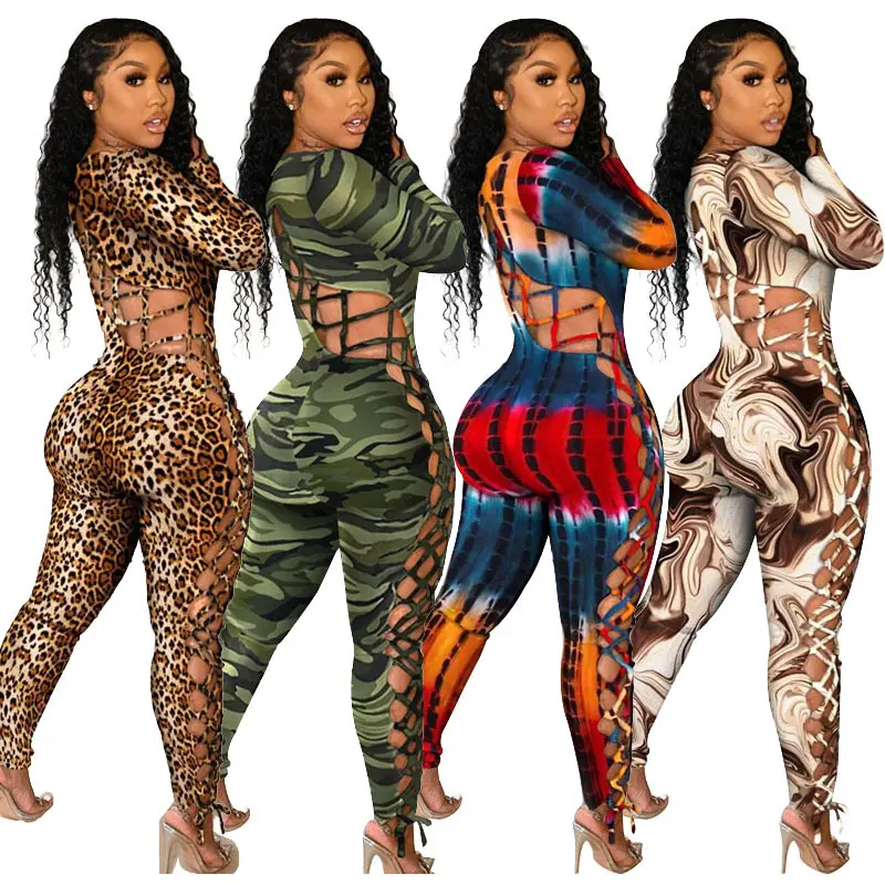 2022 Knit Bodycon Camouflage Leopard Printing Long Sleeve Hollow Out Bandage One Piece Jumpsuit Women Bodysuit