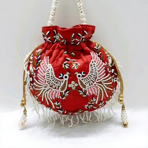 High Quality Women's Mini Potli Bags Fashionable <b>Red</b> Embroidery Pearl Raw Silk Material Satin Lining for Wedding Party Gifts - Product Image 1
