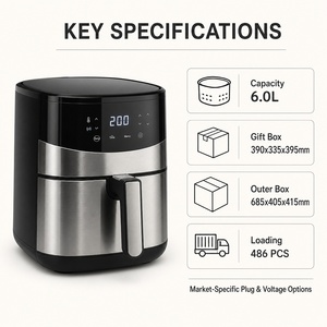 Friteuse à air chaud de cuisine 1500W 6.0L avec contrôle tactile, minuterie programmable 120 minutes, température réglable de 80 à 200°C pour bureau et garde-manger KA23016 - Product Image 3