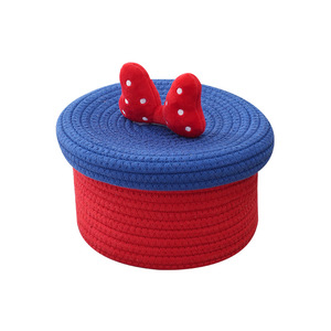 Hot Sale Small Cute Cotton Rope Storage Basket with Lid Cartoon Woven Basket for Baby Sundries Organizer