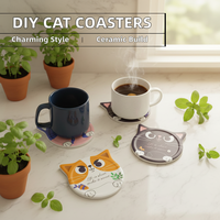 Set de dessous-de-plat et sous-verres en céramique écologiques sur mesure Tabletex, forme chat mignon, avec logo personnalisé, coffret cadeau promotionnel