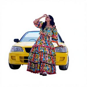 Robe midi 2 pièces florale colorée style bohème avec haut court smocké et jupe longue à volants, taille naturelle, 100 % coton écologique, été - Product Image 1