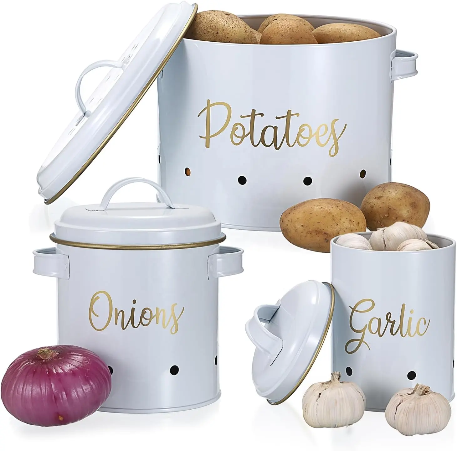 Set bestehend aus 3 Aufbewahrungsbehältern für Kartoffel Zwiebel Knoblauch Gemüsebehälter Set für Kartoffel Zwiebel Gemüsebehälter