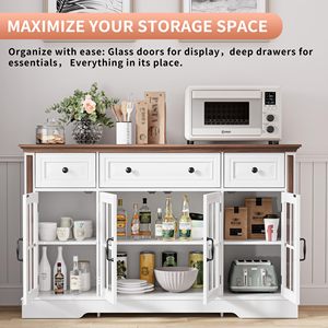 Buffet de style farmhouse SENYU 53,5 pouces avec portes en verre, 3 tiroirs et étagères réglables, blanc - Product Image 3