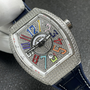 Montre pour homme de la série V45, luxe, échelle temporelle arc-en-ciel, entièrement sertie de diamants, bracelet en cuir bleu, entièrement automatique, mécanique, verre saphir - Product Image 2