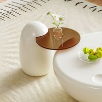 Modernes Skulpturales TUOCHEN Ausziehbares Couchtisch-Set Creme Matt Runde Basis Kunststoff-Oberfläche Kieselsteinförmige Seitenstütze
