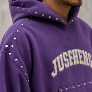 <span class=keywords><strong>Sweat</strong></span>-shirt à capuche surdimensionné pour homme, personnalisé, en coton, style hip-hop, avec rivets et logo brodé, streetwear - Product Image 3