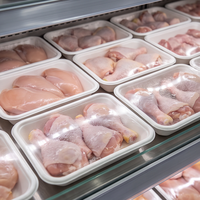 Biologisch afbreekbare verpakkingen van suikerrietbagasse voor marktkramen: vis, vlees, fruit, en vleesbakjes.