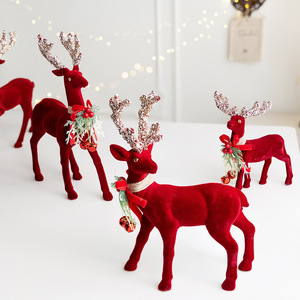 LINGKAI Red Flocked <b>Christmas</b> <b>Reindeer</b> Figurine With Glitter Antler Bell Bow Tabletop Ornament for Xmas Home Holiday Decor - Product Image 3