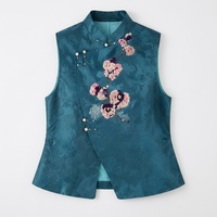 Gilet Oriental Authentique en Soie de Guangdong Gambiered Lavée, Broderie Florale Française Faite à la Main pour Femmes