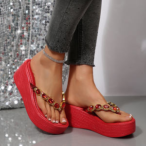 <span class=keywords><strong>Sandali</strong></span> con Zeppa in PU Traspirante con Cristalli, Versatili ed Eleganti, Ciabatte con Tacco a Piattaforma Marrone Testurizzato, Comode e Facili da Indossare - Product Image 2