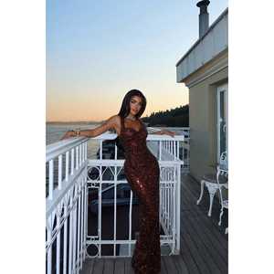 Robe de soirée de luxe marron avec détails en sequins, silhouette droite romantique, longueur maxi, tailles XS à XL - Product Image 6