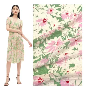 Korean Dress Resort Style Elastic Digital Print Floral Chiffon Fabric For Women's Gown
