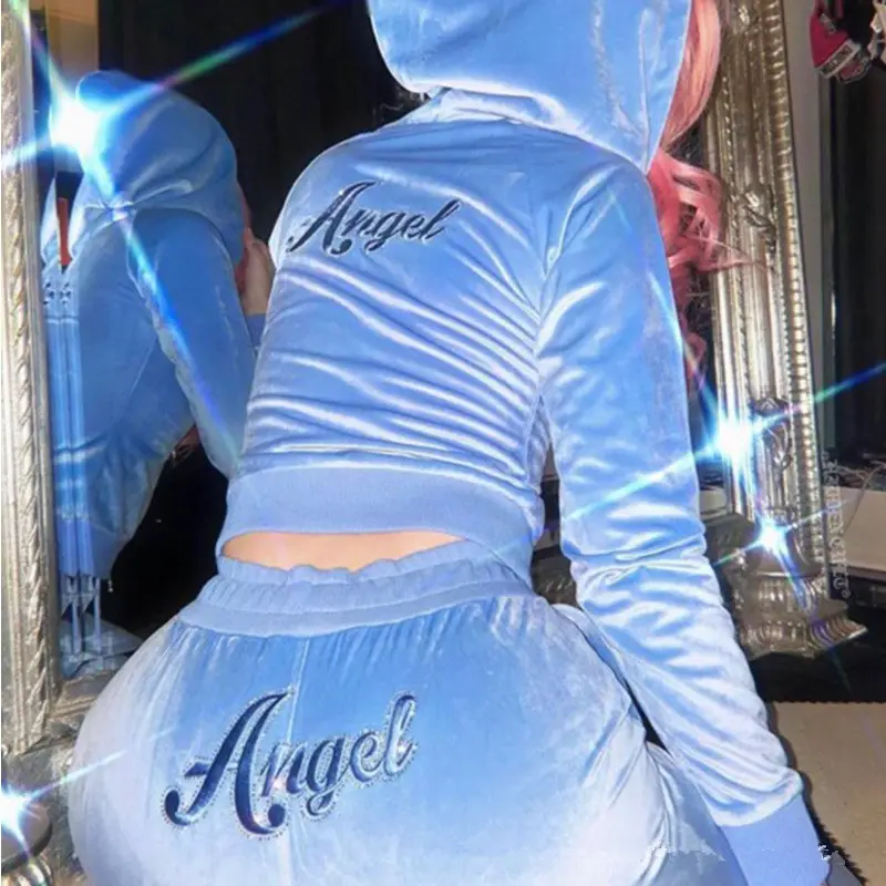 Hot Koop Fashion Blue Tweedelige Broek Set Angel Sweatsuit Velours Dame Trainingspakken Voor Vrouwen