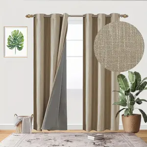 2023 Linen Textured Blackout Curtains With Thermal Lining Polyester Grommet Top Curtain For Bedroom Living Room