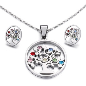 Popular Famous Hollow Round <b>Tree</b> of Life <b>Crystal</b> Stainless Steel Necklace Jewelry Sets - Product Image 1
